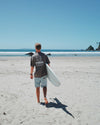 Man walking on a sandy beach holding a surfboard with a clear blue sky and ocean in the background.